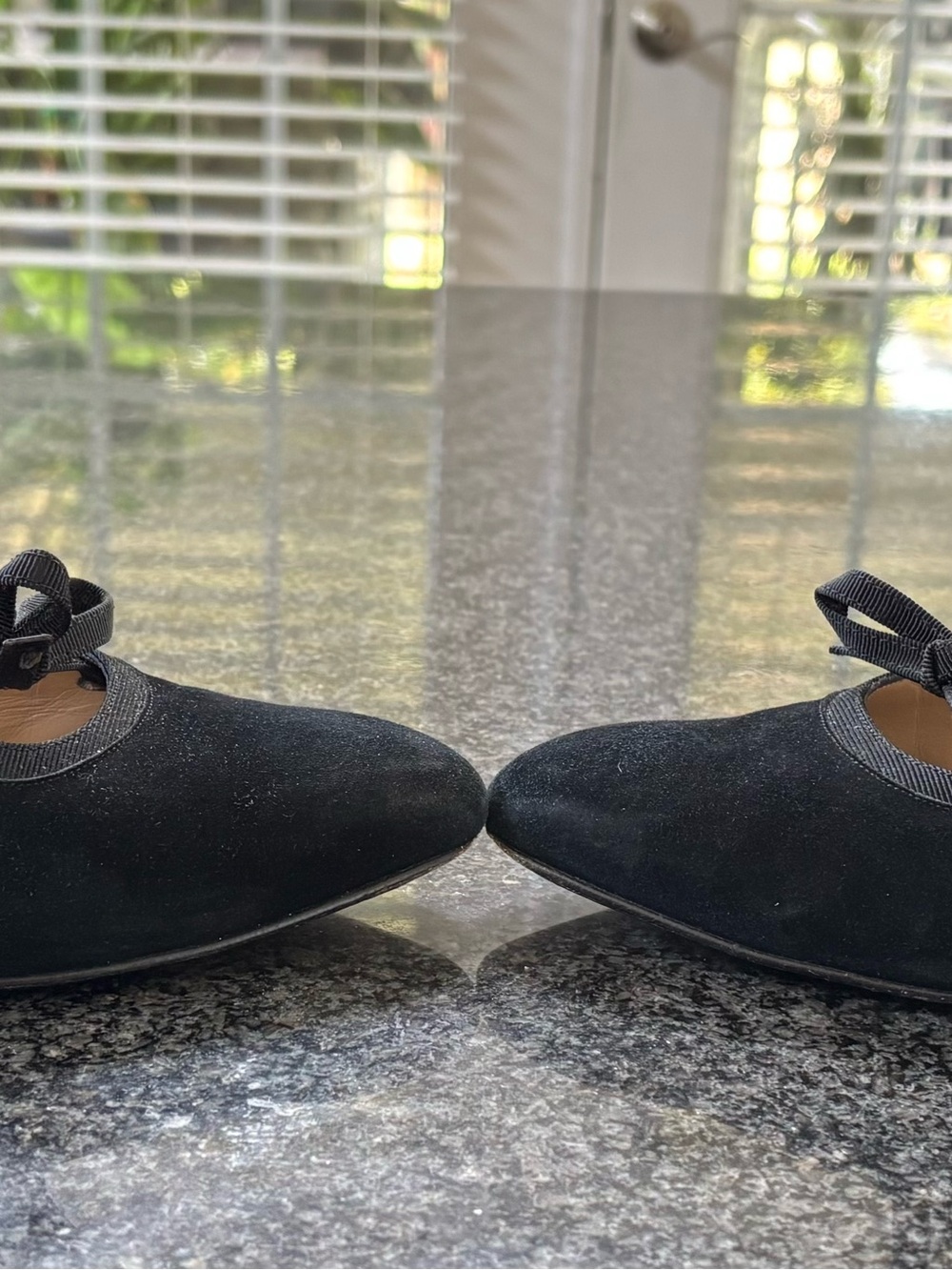 Salvatore Ferragamo Black Suede Pointed Ballet Flats with Ankle Ribbon